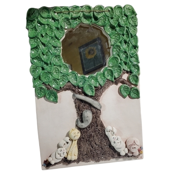 Clay molded Wall Art Mirror cute Tree with animals signed CK - Picture 1 of 11